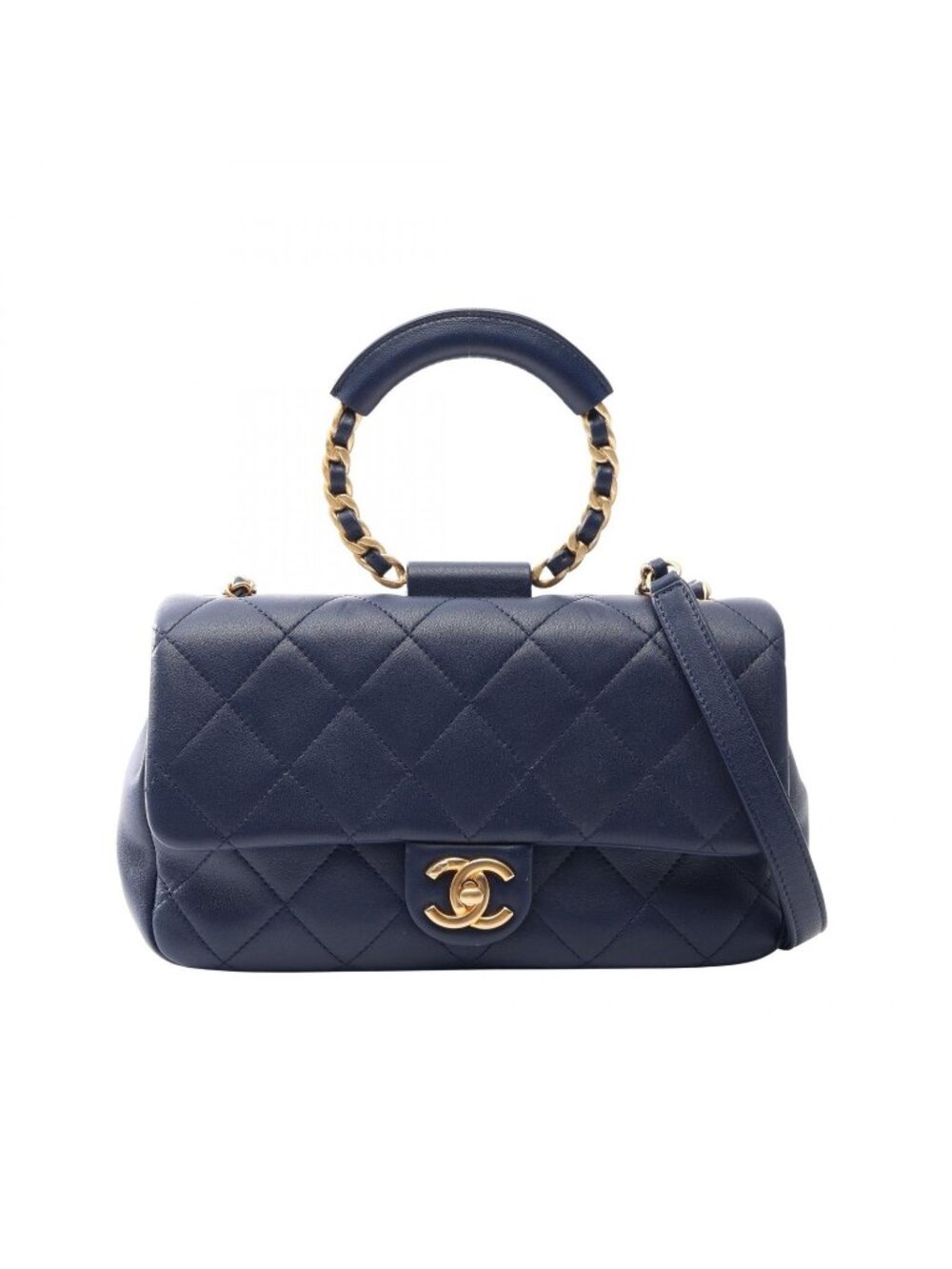 Chanel Shoulder Bag Quilted 2-Way Navy Lambskin Handle Chain
